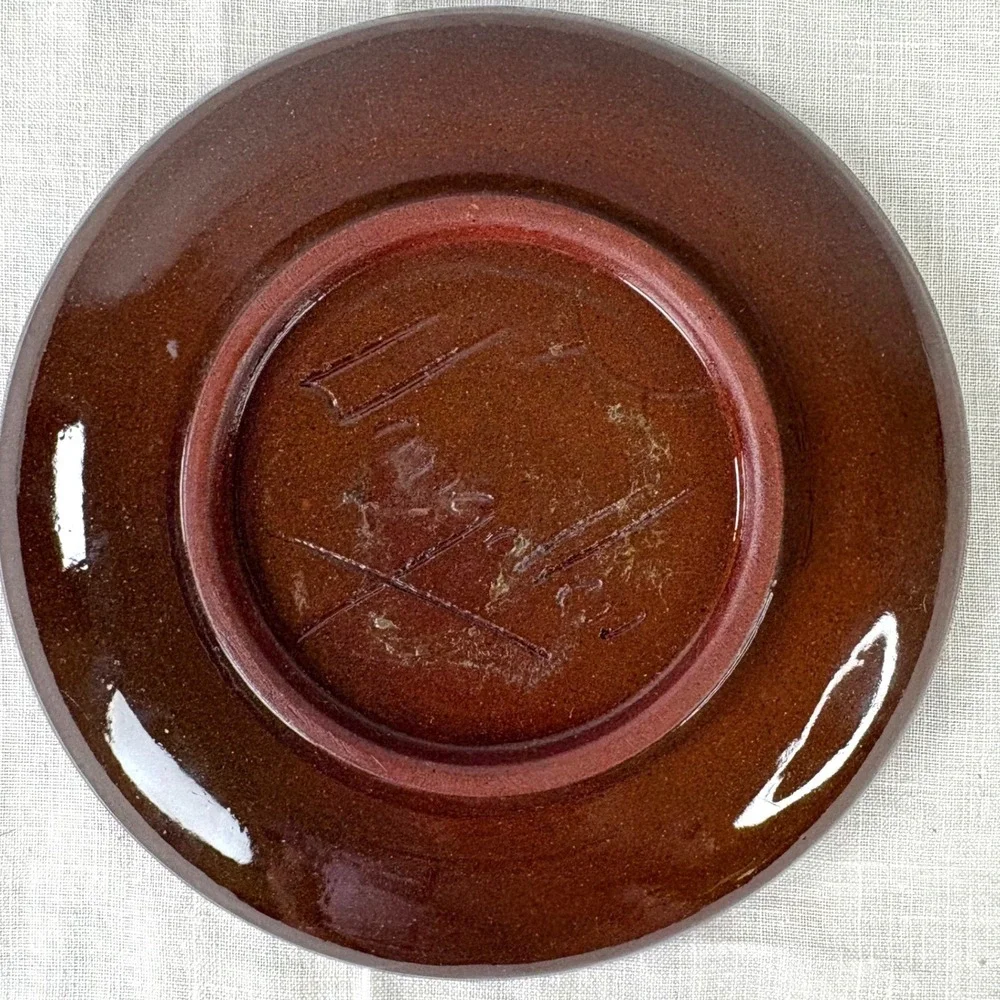 Llangollen Pottery Signed Green Spiderweb Slip Trailed Ceramic Plate 7.5 inch